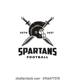 American football sport team logo template, Spartan football logo with american football helmet, spartan hair, crossed spartan sword vector on white background