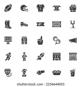 American football sport vector icons set, modern solid symbol collection, filled style pictogram pack. Signs, logo illustration. Set includes icons as football ball, protective helmet, game tactics