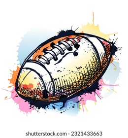 American football sports ball on watercolor colorful splash background. Vector hand drawn sketch illustration. Competition championship concept. Sports print, poster or banner design element