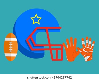 american football sports equipment set, helmet icon, rugby ball, and gloves