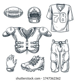 American football sports equipment. Vector hand drawn sketch illustration. Ball, helmet, uniform t-shirt and protection gear icons, isolated on white background