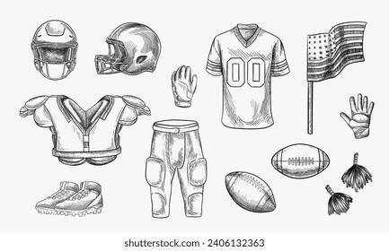 Equipamiento deportivo de fútbol americano. Ilustración de esbozo dibujada a mano por vectores. Balas, casco, camisetas uniformes e iconos de los aparejos de protección, aislados en fondo blanco