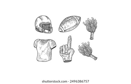 American football sports equipment. Vector hand drawn sketch illustration. Ball, helmet, uniform t-shirt and protection gear icons, isolated on white background