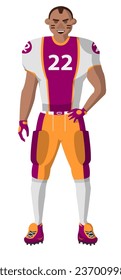 American football sports participant, isolated rugby player with clothes of team colors and symbols. Man wearing uniform with number on tshirt, shorts and socks, running boots. Vector in flat style