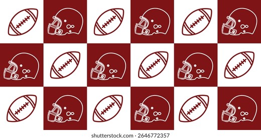 American football sports pattern background. rugby ball and helmet.