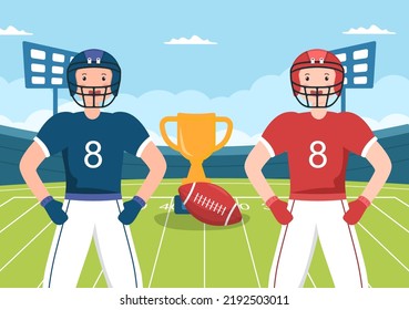American Football Sports Player with The Game uses an Oval Shaped Ball and is Brown at Field Hand Drawn Cartoon Flat Illustration