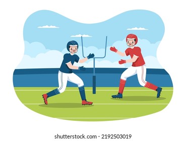 American Football Sports Player with The Game uses an Oval Shaped Ball and is Brown at Field Hand Drawn Cartoon Flat Illustration