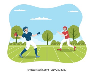 American Football Sports Player with The Game uses an Oval Shaped Ball and is Brown at Field Hand Drawn Cartoon Flat Illustration
