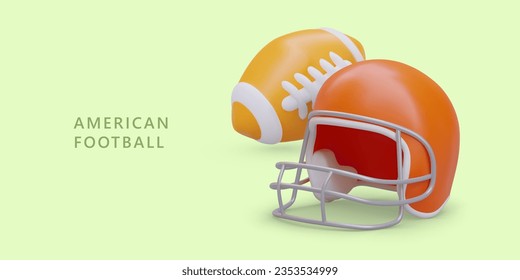 American Football. Sports team game. Goalkeeper accessories. Helmet with protective grid, oval leather ball. Template for announcement, flyer, billboard. Place for text