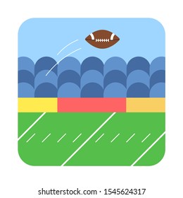 American football square cartoon icon: green field, blue stadium stands, lines, ball in the air, eps 8, white background, vector graphics, vector illustration