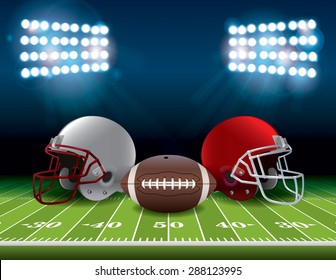 An American football stadium field with helmets and a football. Vector EPS 10. EPS file contains transparencies and gradient mesh.