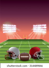 An American football stadium field at sunset with helmets and a football. Vector EPS 10.