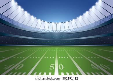 American football stadium with spotlight. Vector illustration.