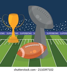 american football stadium, trophy and ball