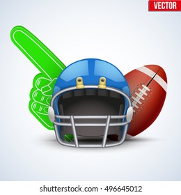 American Football Symbol. Football helmet and ball with Fan Finger isolated on white background. Vector Illustration.