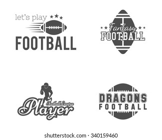 American football team, college badges, logos, labels, insignias set in retro style. USA sport emblem. Graphic vintage design for t-shirt, web. Monochrome print isolated on a white background. Vector.