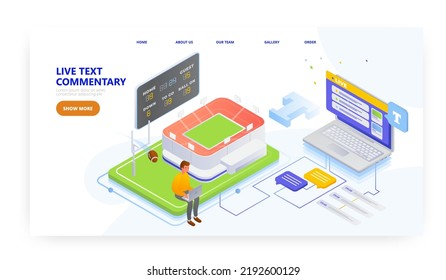 American football team, player, scores live text commentaries, landing page design, website banner vector template.