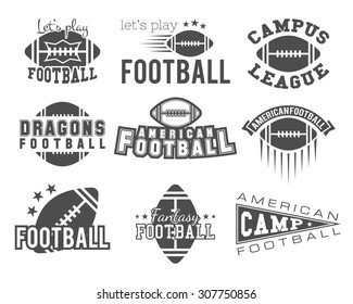 American football team, training camp, college badges, logos, labels, insignia in retro style. Graphic vintage design for t-shirt, web. Monochrome print isolated on a white background. Vector.