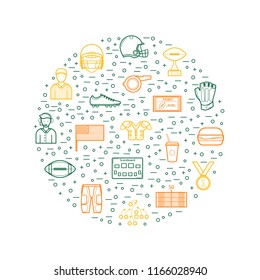 American Football Thin Line Round Design Template Include of Ball, Helmet, Whistle, Trophy, Uniform Shirt, Ticket and Referee. Vector illustration