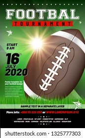 American football tournament poster template with ball, grass and sample text in separate layer - vector illustration