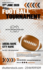 American football tournament poster template with ball, arrows, grungy and halftone elements and place for your photo - vector illustration