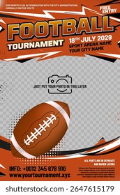 American football tournament poster template with ball, grungy and halftone elements and place for your photo - vector illustration
