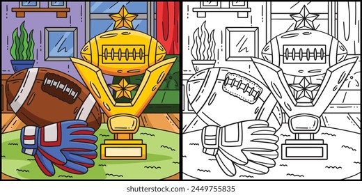 American Football and Trophy Coloring Illustration