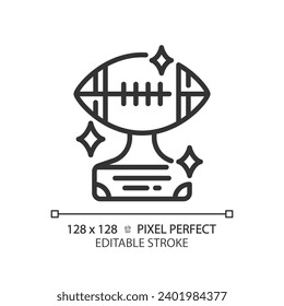 American football trophy linear icon. Football league championship. Tournament prize. Team game. Victory sport. Thin line illustration. Contour symbol. Vector outline drawing. Editable stroke