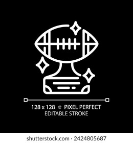 American football trophy white linear icon for dark theme. Football league championship. Tournament prize. Victory sport. Thin line illustration. Isolated symbol for night mode. Editable stroke