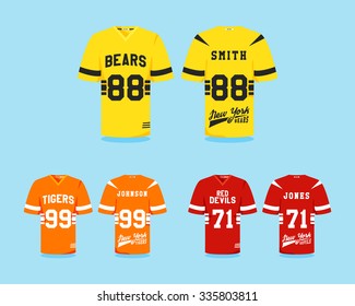 American Football Uniform Collection, T-shirt Design With Team Logos, Labels, Badges. Can Be Use In Infographics, Presentations, As Icon Etc. Cute Colors, Flat Design. Vector Illustration