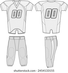 American football uniform jersey kit design illustration template. Front and back sport shirt and pants vector mockup.