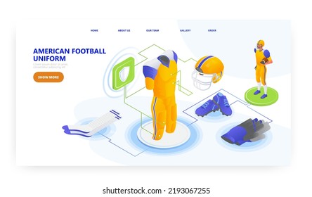 American Football Uniform, Landing Page Design, Website Banner Vector Template. Football Player Clothes And Equipment.