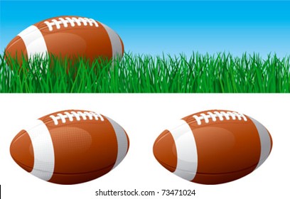 American Football. Vector Banner Of American Football Ball On Green Grass. American Football Ball Isolated On White Background