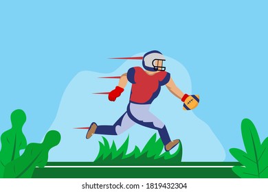 American football vector concept: Male american football player running fast while carrying the ball at field