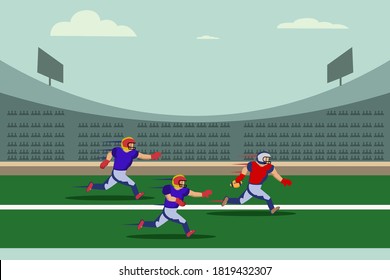 American football vector concept: American football player running in stadium chased by his rival player