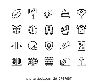 Conjunto de ícones do American Football Vetor | Espessura ajustável da linha | Bola, capacete, poste de gol, jersey, timer, tackle, field, score, playbook, fãs, ícones da vitória
