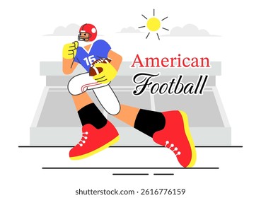 American Football Vector Illustration featuring Athletes Holding the Ball During a Match in a Stadium in a Flat Style Cartoon Background