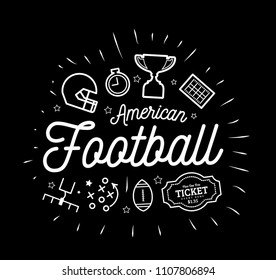 American football. Vector illustration in the style of thin lines with flat icons in black and white