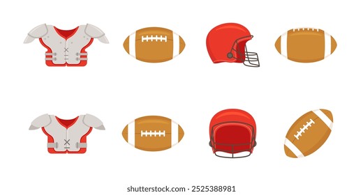 American football vector set. Football game equipment. Ball helmet shoulder pads.