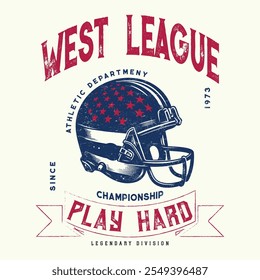 American football Vintage retro Denim Print for T-Shirt or Apparel. Retro artwork and Sport Typography, Football T-shirt graphics, Print for sportswear apparel. College vector label and print design