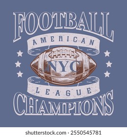 Futebol americano Vintage retro Denim Print para camiseta ou vestuário. Arte retrô e Tipografia esportiva, gráficos de camiseta de futebol, impressão para vestuário esportivo. Rótulo de vetor e design de impressão da faculdade
