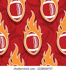 American football wallpaper design vector image. Repeating tile background of rugby balls and fire flame seamless pattern texture.