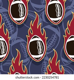 American football wallpaper design vector image. Repeating tile background of rugby balls and fire flame seamless pattern texture.