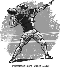 American footballer black and white illustration with ball in his hands  