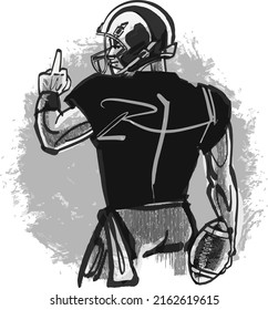 American footballer black and white illustration with ball in his hands  