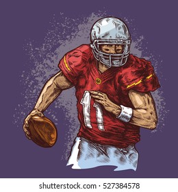 American footballer color engraving violet splash background. Print vector poster color ink draw illustration.