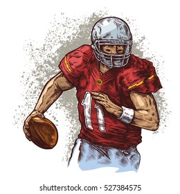 American footballer color engraving white splash background. Print vector poster color ink draw illustration.