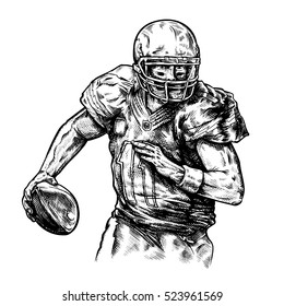 American footballer ink engraving vector illustration on white background.