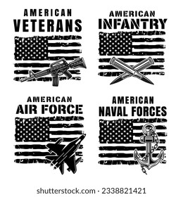 Grupo de fuerzas estadounidenses de ilustraciones vectoriales en estilo monocromo con bandera de los Estados Unidos y armas aisladas en fondo blanco