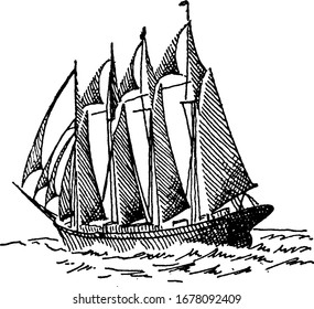 American four-masted schooner, showing three different size og images in it, vintage line drawing or engraving 